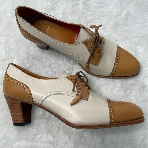 Carmina #1835 Women's Tan White Derby Madison Lace Up Pump Heel Shoes Size 7