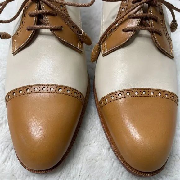 Carmina #1835 Women's Tan White Derby Madison Lace Up Pump Heel Shoes Size 7