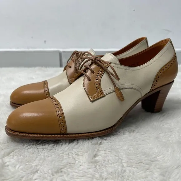 Carmina #1835 Women's Tan White Derby Madison Lace Up Pump Heel Shoes Size 7
