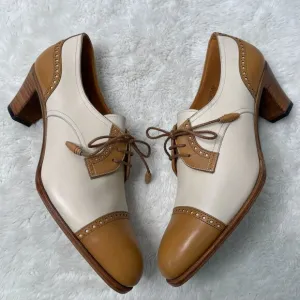 Carmina #1835 Women's Tan White Derby Madison Lace Up Pump Heel Shoes Size 7