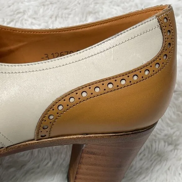 Carmina #1835 Women's Tan White Derby Madison Lace Up Pump Heel Shoes Size 7