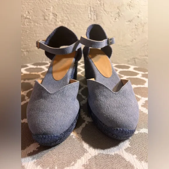 Castaner Blue Denim Espadrille Wedge Shoes made in Spain summer business casual