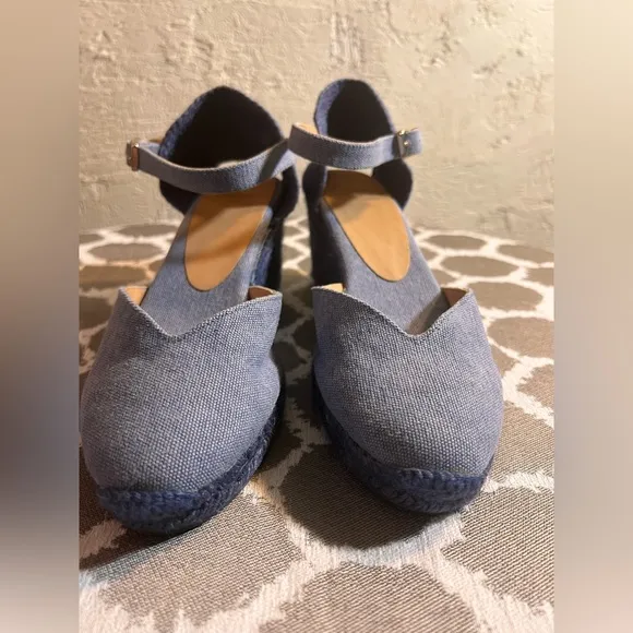 Castaner Blue Denim Espadrille Wedge Shoes made in Spain summer business casual