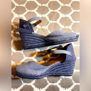 Castaner Blue Denim Espadrille Wedge Shoes made in Spain summer business casual