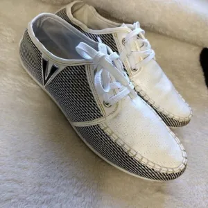 Casual Boat Shoes Sneaker Men's Sz 7 Canvas Flat White Black Lace up White Blue