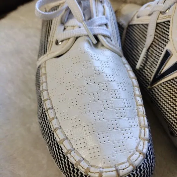 Casual Boat Shoes Sneaker Men's Sz 7 Canvas Flat White Black Lace up White Blue