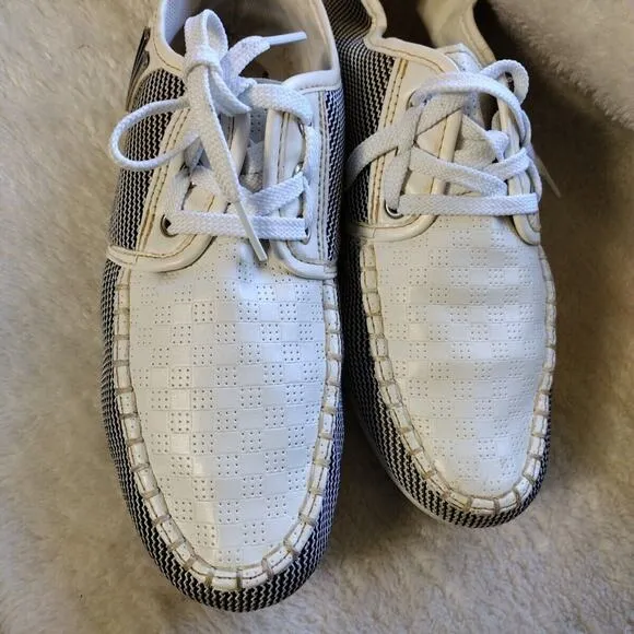 Casual Boat Shoes Sneaker Men's Sz 7 Canvas Flat White Black Lace up White Blue