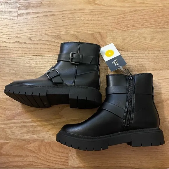 Cat &amp; Jack Double Buckle Moto Boots NEW Sz 1 Kids Black Zip Up Heeled