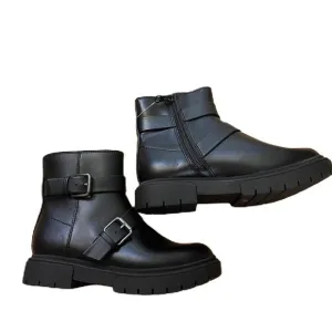 Cat &amp; Jack Double Buckle Moto Boots NEW Sz 1 Kids Black Zip Up Heeled
