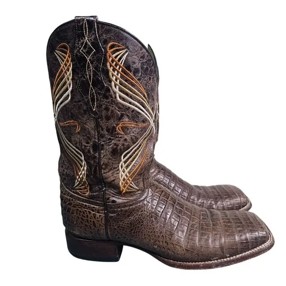 Cavenders Mens Brown Caiman Embossed Cowboy Boots Sz 11D Leather Square Toe