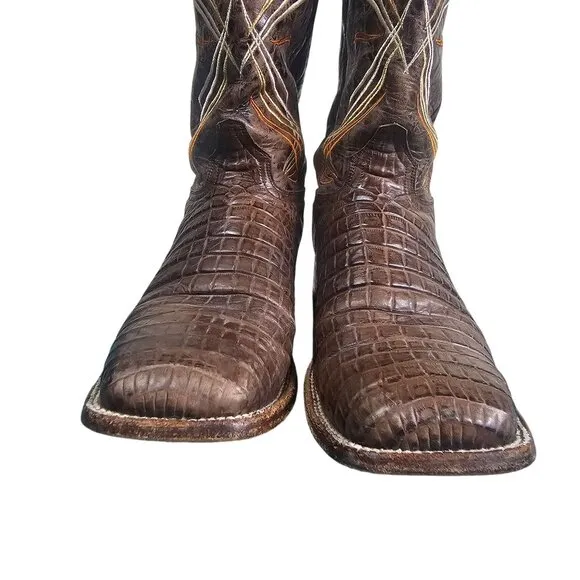 Cavenders Mens Brown Caiman Embossed Cowboy Boots Sz 11D Leather Square Toe