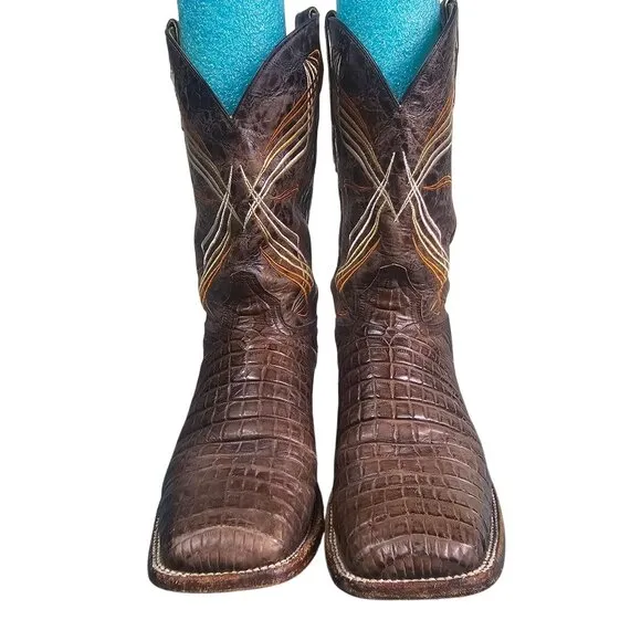 Cavenders Mens Brown Caiman Embossed Cowboy Boots Sz 11D Leather Square Toe