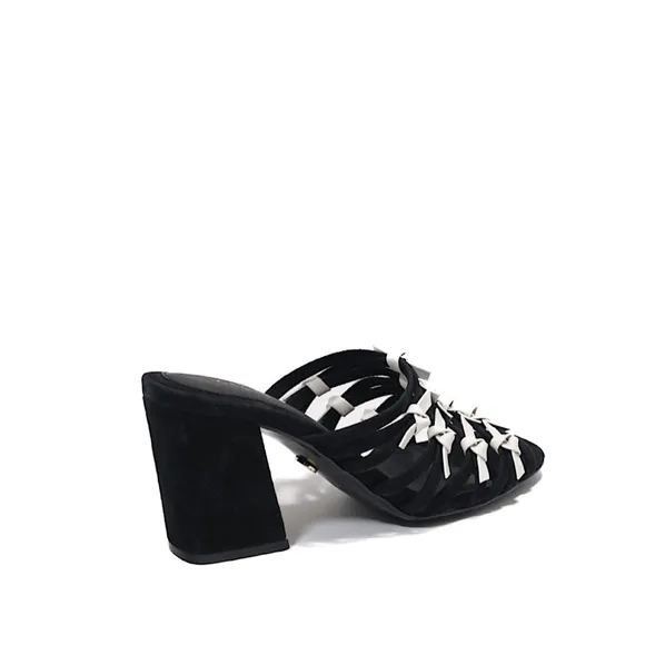 Cecelia New York Rickee Caged Black White Leather Block Heel Sandal Mule Pumps 7