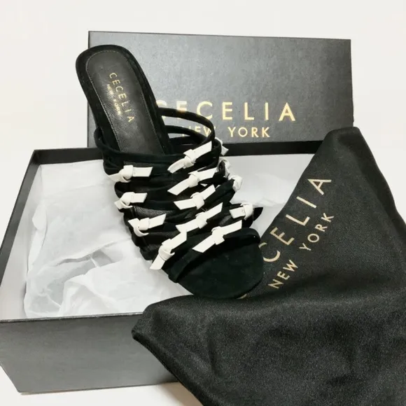 Cecelia New York Rickee Caged Black White Leather Block Heel Sandal Mule Pumps 7