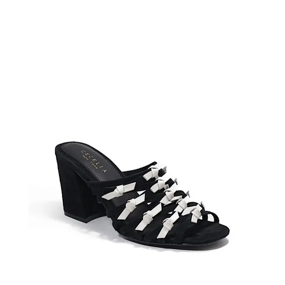 Cecelia New York Rickee Caged Black White Leather Block Heel Sandal Mule Pumps 7