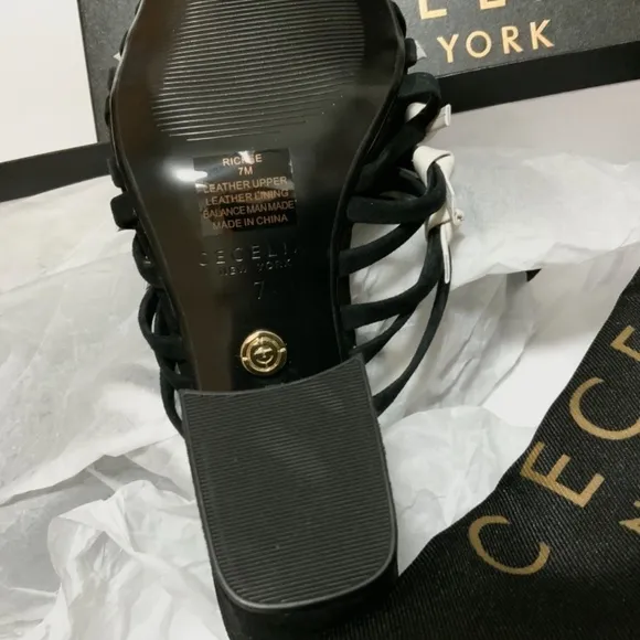 Cecelia New York Rickee Caged Black White Leather Block Heel Sandal Mule Pumps 7
