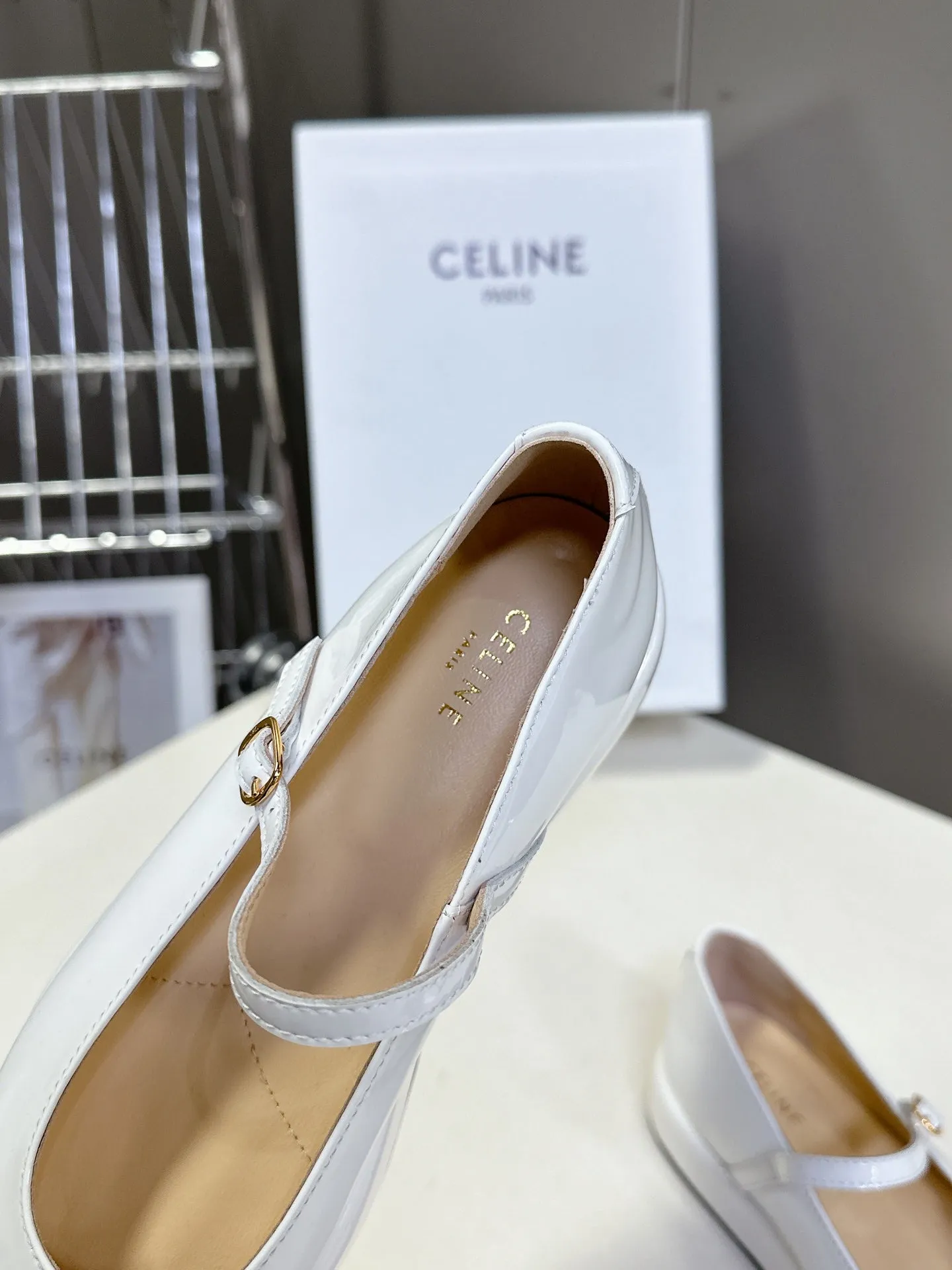 CELINE Ballet Flats White Patent Leather 285930