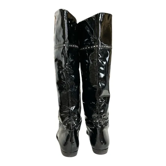 Charles Jourdan Patent Leather Tall Boots Flat Heel Glossy Black with Gold 10B