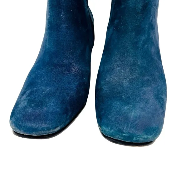 CHARLESTON SHOE CO. Blue Suede Block Heeled Ankle Boots Sz 8 Square Toe Zip