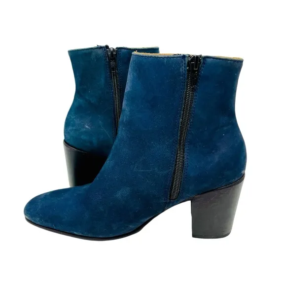 CHARLESTON SHOE CO. Blue Suede Block Heeled Ankle Boots Sz 8 Square Toe Zip