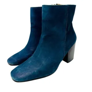 CHARLESTON SHOE CO. Blue Suede Block Heeled Ankle Boots Sz 8 Square Toe Zip