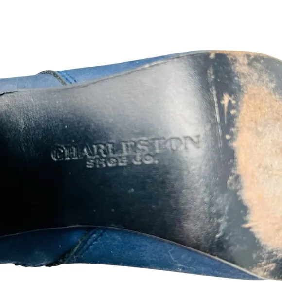 CHARLESTON SHOE CO. Blue Suede Block Heeled Ankle Boots Sz 8 Square Toe Zip