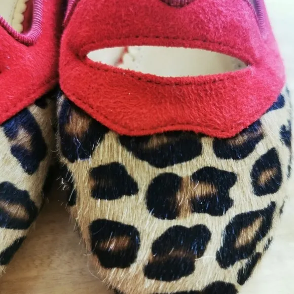 Charlotte Olympia Girls Red Pony Hair Leather Ballet Flats Leopard US11