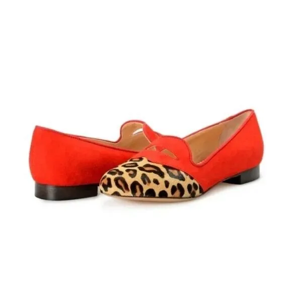 Charlotte Olympia Girls Red Pony Hair Leather Ballet Flats Leopard US11
