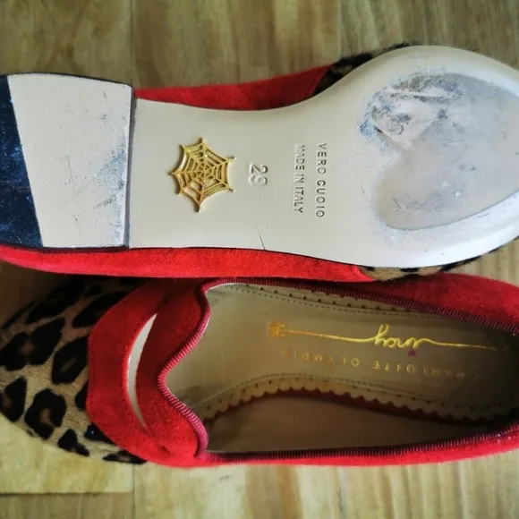 Charlotte Olympia Girls Red Pony Hair Leather Ballet Flats Leopard US11