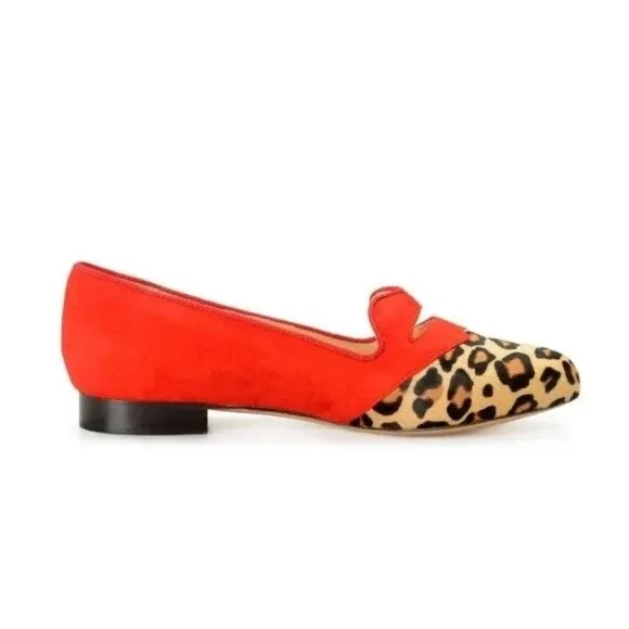 Charlotte Olympia Girls Red Pony Hair Leather Ballet Flats Leopard US11
