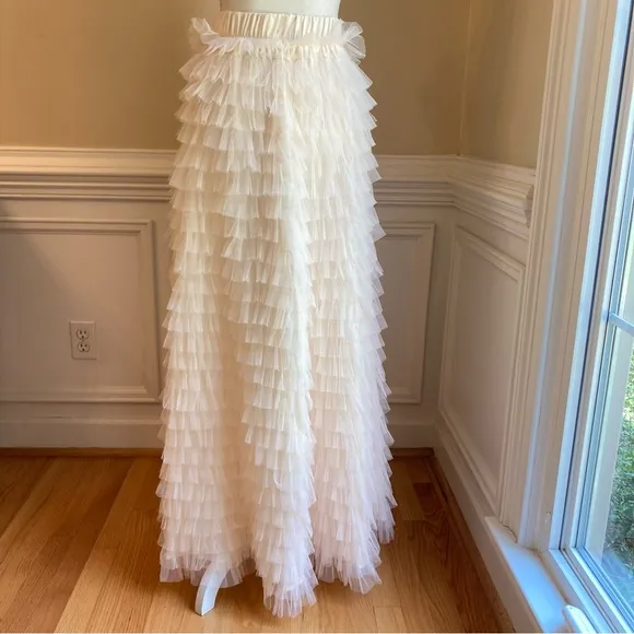 CHICWISH Swan Cloud Cream Tulle Ruffle Tiered Maxi Skirt