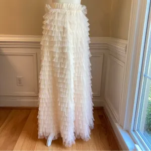 CHICWISH Swan Cloud Cream Tulle Ruffle Tiered Maxi Skirt