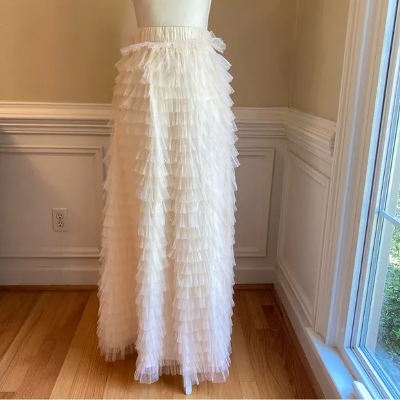 CHICWISH Swan Cloud Cream Tulle Ruffle Tiered Maxi Skirt