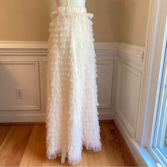 CHICWISH Swan Cloud Cream Tulle Ruffle Tiered Maxi Skirt