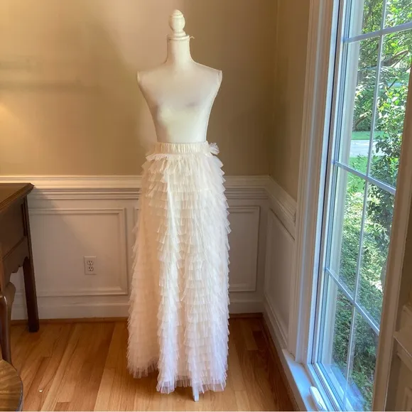 CHICWISH Swan Cloud Cream Tulle Ruffle Tiered Maxi Skirt
