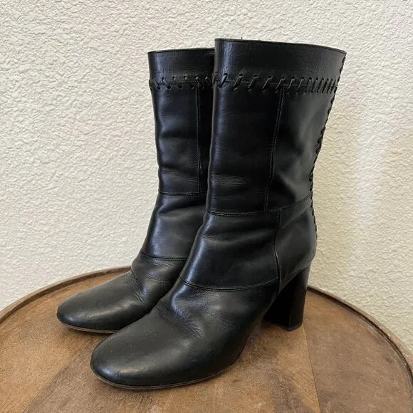 Chloe Black Leather Braided Heeled Boots Booties Women's Size 38.5/8.5
