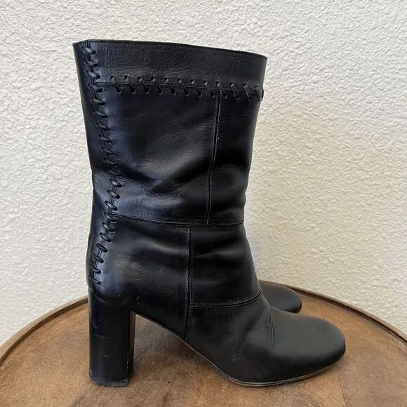 Chloe Black Leather Braided Heeled Boots Booties Women's Size 38.5/8.5