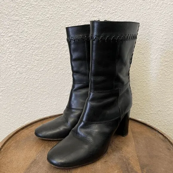 Chloe Black Leather Braided Heeled Boots Booties Women's Size 38.5/8.5