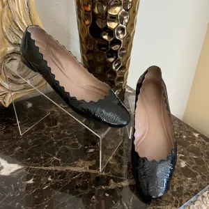 Chloe Lauren Scalloped Black Leather Ballet Flats. Size 39/9