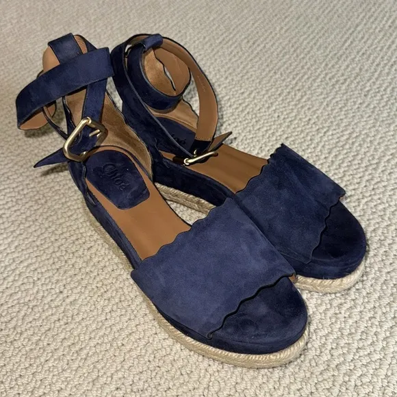 Chloe Lauren Scalloped Espadrille Wedges Navy Blue Suede Size