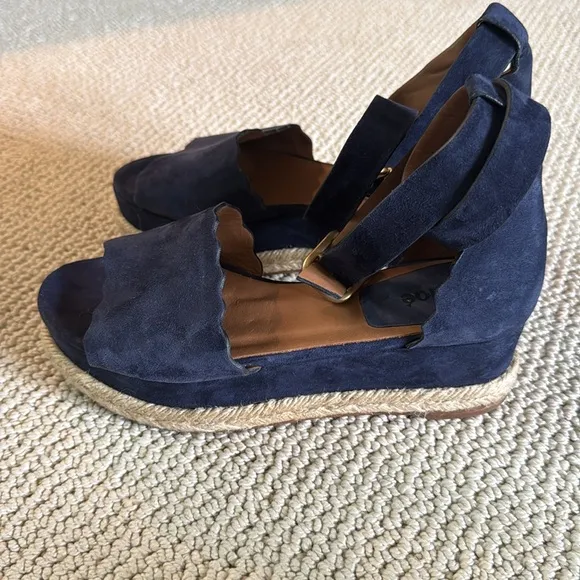 Chloe Lauren Scalloped Espadrille Wedges Navy Blue Suede Size