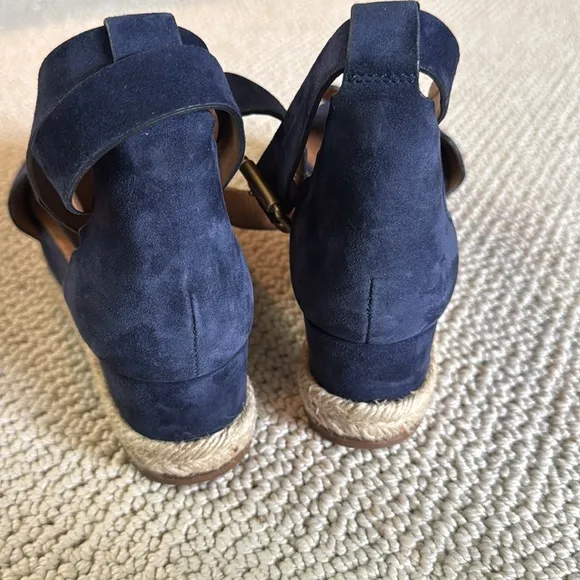 Chloe Lauren Scalloped Espadrille Wedges Navy Blue Suede Size