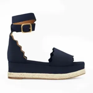 Chloe Lauren Scalloped Espadrille Wedges Navy Blue Suede Size