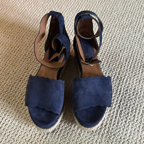 Chloe Lauren Scalloped Espadrille Wedges Navy Blue Suede Size