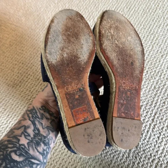 Chloe Lauren Scalloped Espadrille Wedges Navy Blue Suede Size
