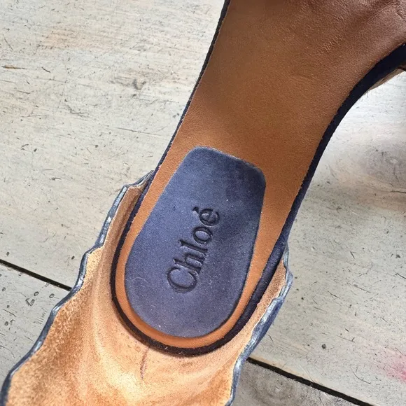 Chloe Lauren Scalloped Espadrille Wedges Navy Blue Suede Size
