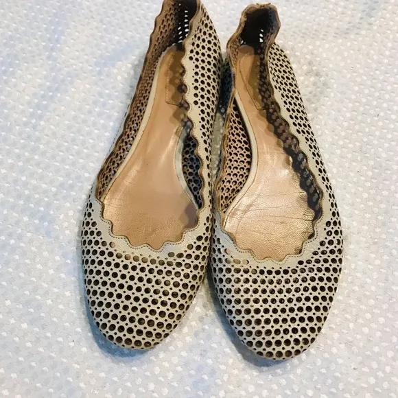 Chloe Perforated Leather Lauren Scalloped Ballet Flats Size