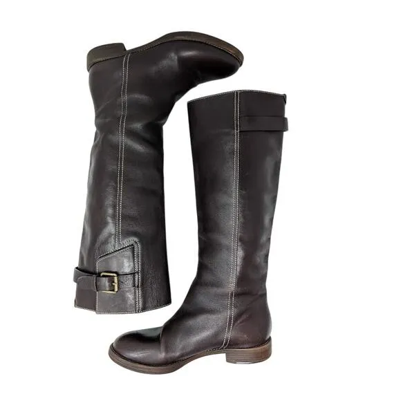 Chloe Tall Riding Boots EU 36 US 6 Brown Mahogany Buckle Accent Flat Heel