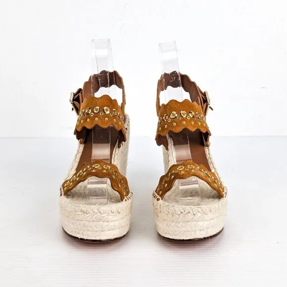 Chloe Wmn Lauren Grommet Brown Suede Espedrille Platform Wedges 6US EUR36