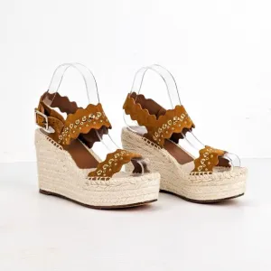 Chloe Wmn Lauren Grommet Brown Suede Espedrille Platform Wedges 6US EUR36